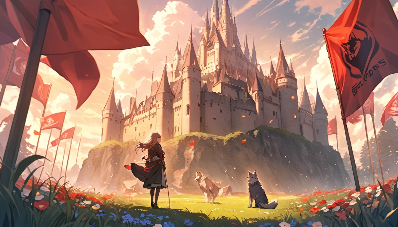 Big castle, red flag, wolf icon, bright atmosphere, soaked with flowers and grass.
