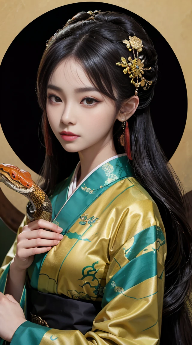 A woman wearing a kimono and holding a snake, 20-year-old,Portrait of a Dragon Girl, Inspired by Chen Yifei, Snake Woman, Portrait Shot, Jinnah Chan, Cinematic. Ren Jun, Chinese women, Many snakes like her hair, Asian Woman, Serpent Queen, Beautiful fox woman, closeup Portrait Shot, Beautiful oriental woman