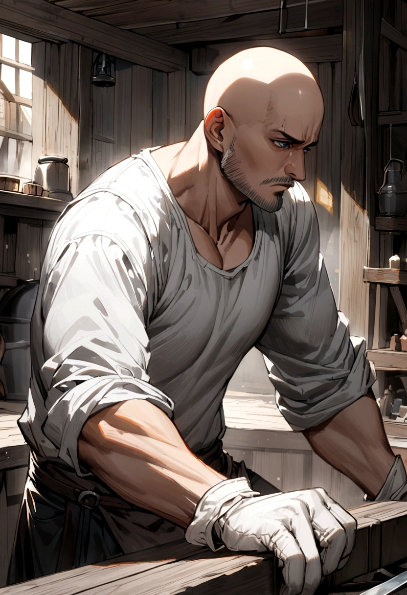 40 year old male, bald head, grey goatee, dark blue eyes, grey tank top, white t-shirt, white gloves, blacksmith