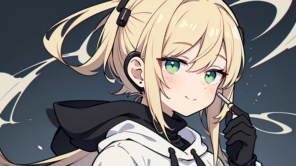 ((highest quality)), ((masterpiece)), (be familiar with), perfect face,white half-up hair,green mesh blonde、Smoke a cigarette、cool black hoodie,headphones,black gloves,turtleneck,alone,İcon、profile、Right beside、Expressionless、smile、Light-colored clothing