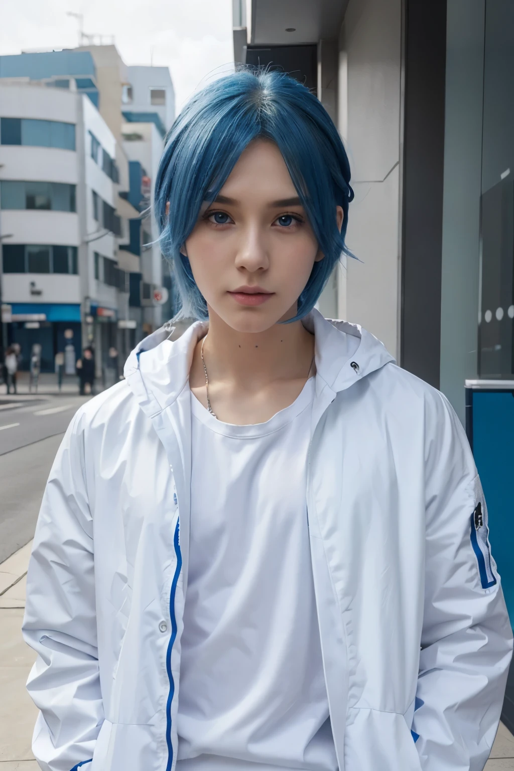 Close-up of a blue-haired person wearing a white jacket., 4D anime style, Tall anime face with blue eyes, !! full body portrait!!, anime boy, anime moe art style, single full body character, full body!!, anime full body illustration, Anime style characters, full_body!!, full body model vtuber anime, blue sorando with purchase charm