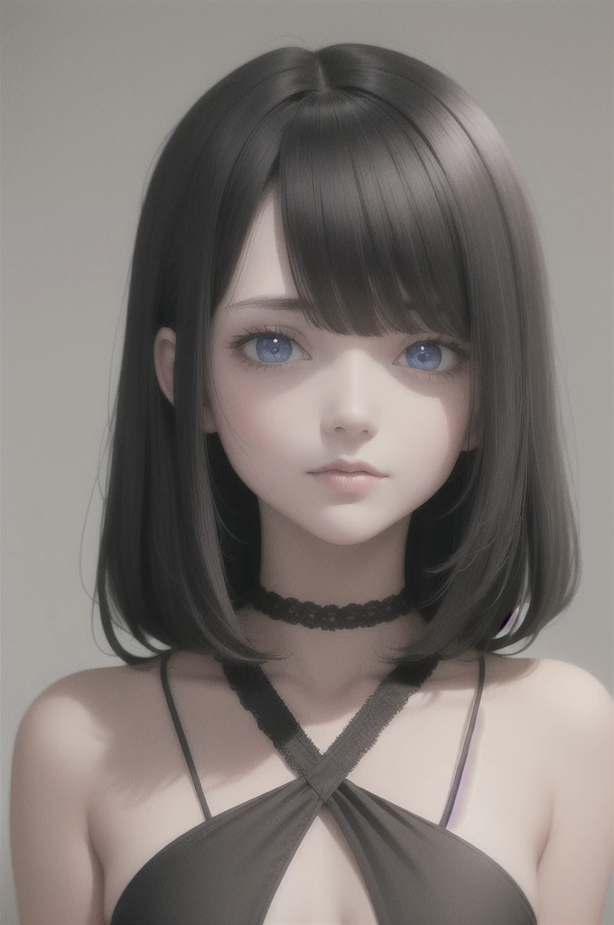best quality, masterpiece,Black hair, blue eyes, looking up, upper body