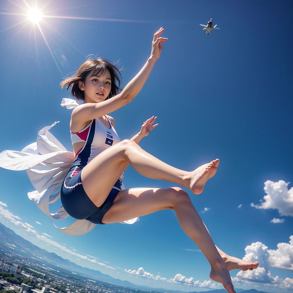 From below, Photo of a beautiful Japanese young fairy, floating in the air, midair, skydiving, 10 meters high, cityscape, smiling politely, short hair, wearing a revealing swimsuit, Zero-gravity Boots, ultra-detailed,natural lighting,vibrant colors, full-body, wide-angle lens