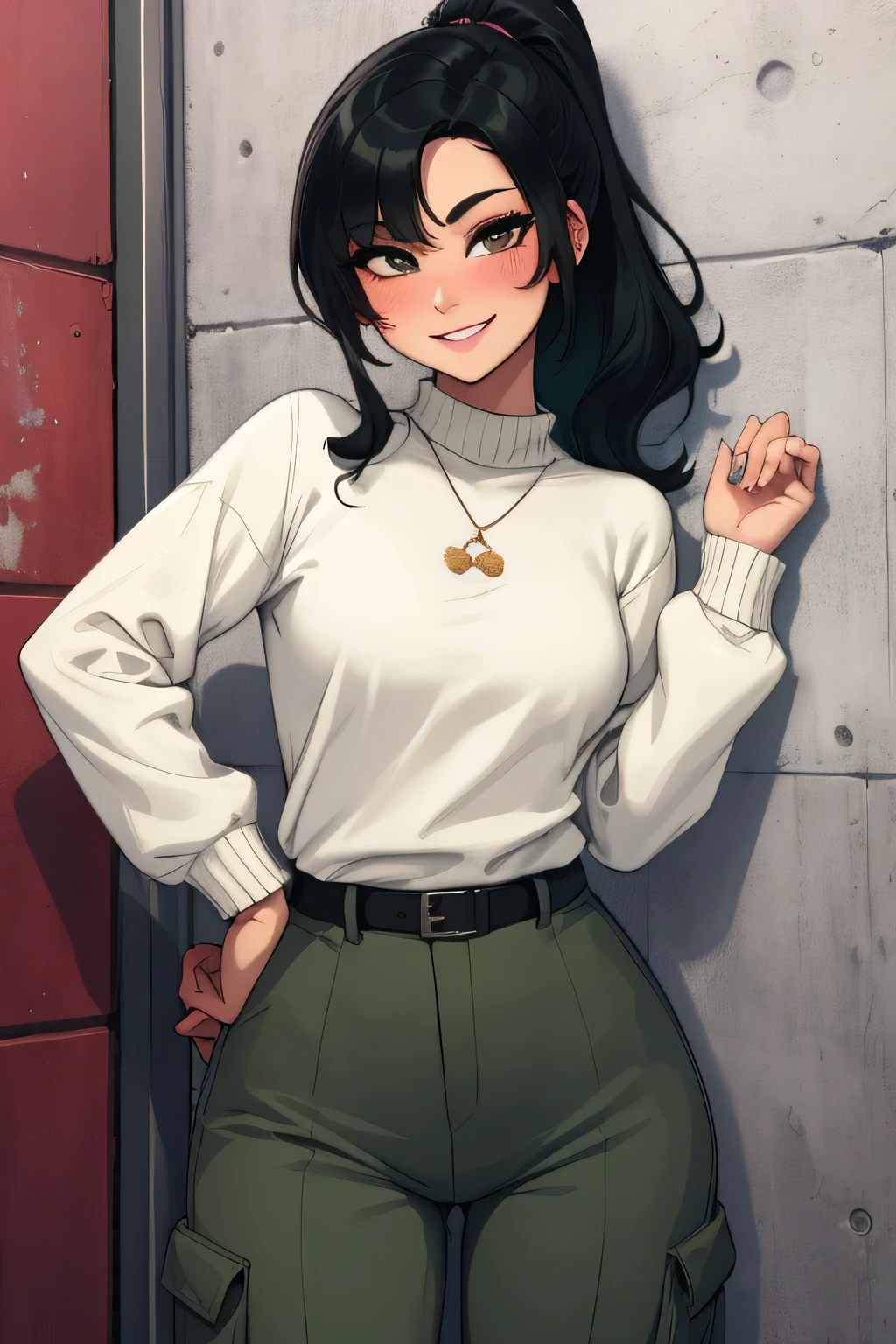 Amazing portrait of a sexy woman wearing her luscious black hair in a cute ponytail, seductively gazing and smiling, soft lips, parted, blushing intensely, smiling, dark green sweater, cream cargo pants, medium chest, perfect body