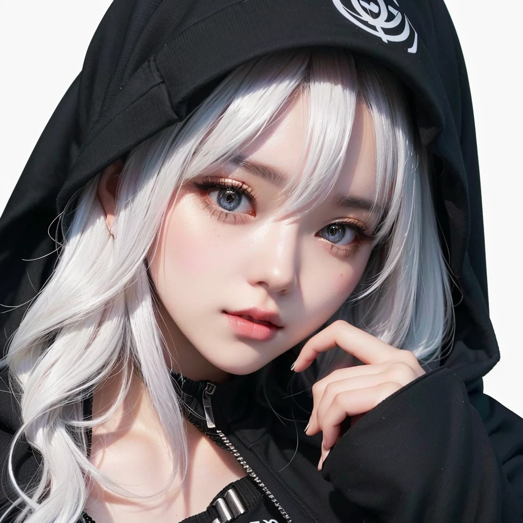 cute girl with white hair and black hoodie posing for a picture, cyberpunk cute girl in hoodie, artwork in the style of guweiz, detailed portrait of cute girl, guweiz, style. 8k,