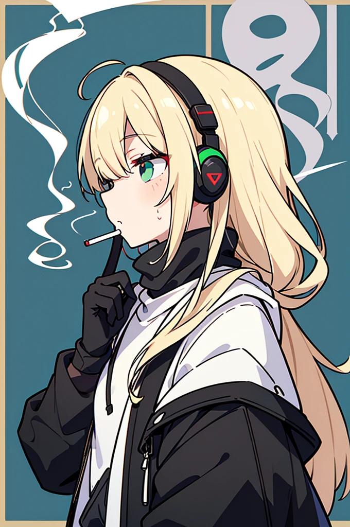 ((highest quality)), ((masterpiece)), (be familiar with), perfect face,white half-up hair,green mesh blonde、Smoke a cigarette、cool black hoodie,headphones,black gloves,turtleneck,alone,icon、profile、Right beside、Expressionless、泣き顔、明るい色の服