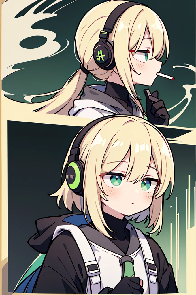 ((highest quality)), ((masterpiece)), (be familiar with), perfect face,white half-up hair,green mesh blonde、Smoke a cigarette、cool black hoodie,headphones,black gloves,turtleneck,alone,icon、profile、Right beside、Expressionless、泣き顔、明るい色の服