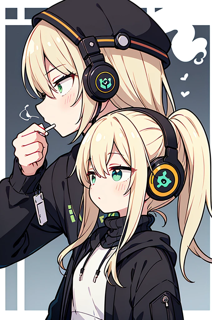 ((highest quality)), ((masterpiece)), (be familiar with), perfect face,white half-up hair,green mesh blonde、Smoke a cigarette、cool black hoodie,headphones,black gloves,turtleneck,alone,icon、profile、Right beside、Expressionless、泣き顔、明るい色の服