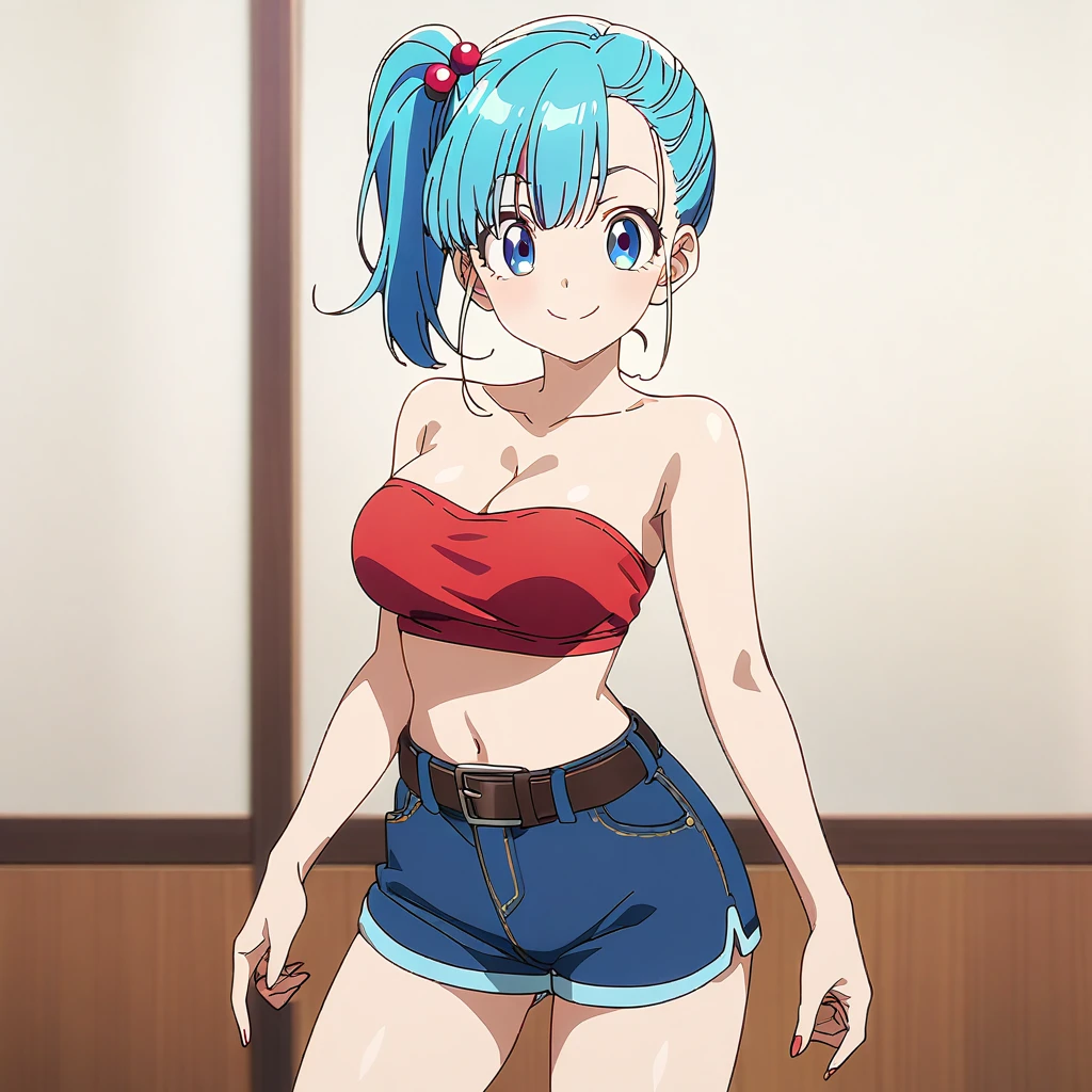 score_9, score_8_up, score_7_up, BREAK back view, arched back,,standing,,mediumshot,1girl,bulma, blue eyes, blue hair,bare shoulders, belt, cleavage, hair bobbles, hair ornament, hair over shoulder,medium breast,midriff, navel, one side up, red tube top, shorts,ass, side ponytail, (strapless, tube top,under_boob:1),,,looking at viewer,facial expression,smile,masterpiece, best quality,  detailed body, highly detailed, anime coloring.anime,[anime_screencap:0.8] , highly detailed,
