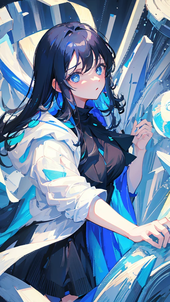 1 girl, 18 years old, long black hair, blue eyes, blue dress, white skin, cold expression