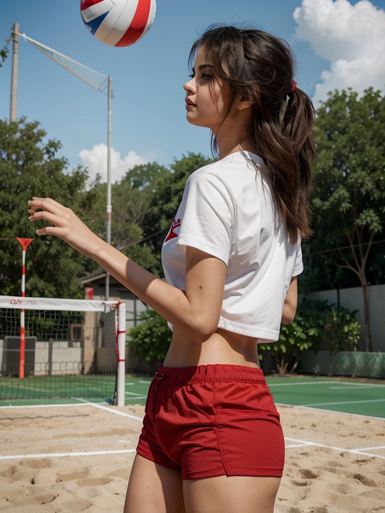 selena gomez, beautiful, red croprop shirt, white shorts, volleyball court