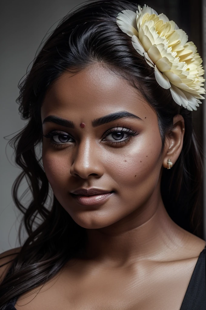 Extremely gorgeous, round face, shoot for a famous cosmetics brand, shoot for top health magazine cover Page, bold photoshoot, bold looks, body positivity, stunning beauty, ravishing, spicy hot, sizzling hot, sensual shoot, artistic sensual photograpy, thick figure, curvy, Thick navel, sexy tempting lady, sexy navel folds, fleshy figure, woman with a flower in her hair and a flower in her hair, closeup portrait shot, movie stills photography, traditional beauty, body sweat, glistening skin, skin texture, skin pores, traditional clothes , traditional female hairstyles, pretty face!!, shot on sony alpha dslr-a300, indian woman with brown skin, indian goddess, traditional makeup, movie stills, actress, close - up portrait shot, detailed portrait shot, ultra HD, hyper realistic, hyper realistic skin, High level professional photography, insane details,