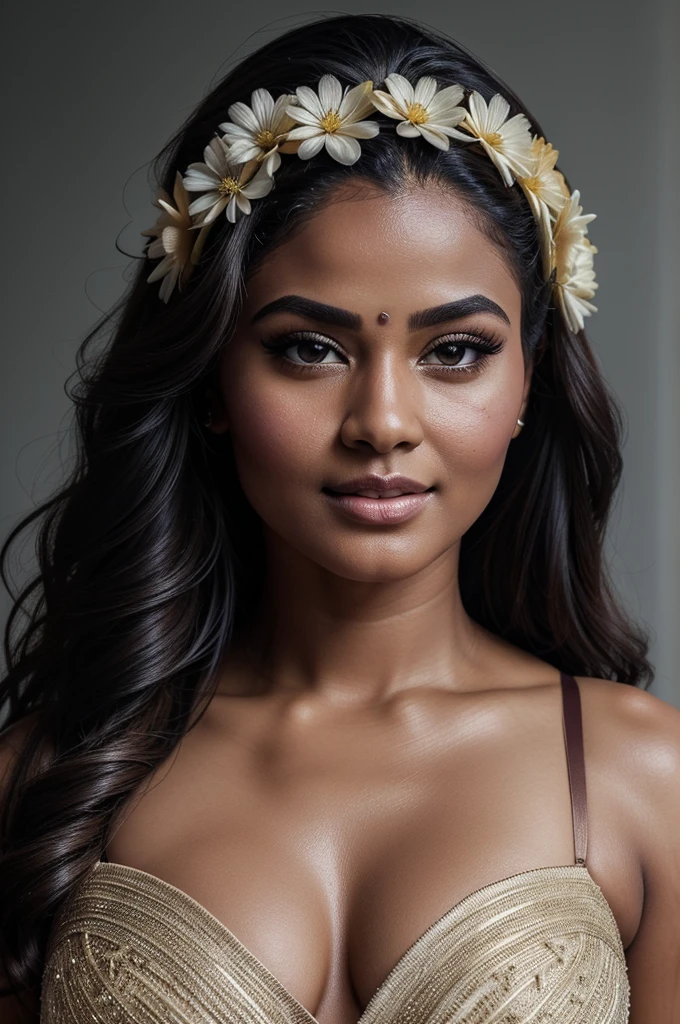 Extremely gorgeous, round face, shoot for a famous cosmetics brand, shoot for top health magazine cover Page, bold photoshoot, bold looks, body positivity, stunning beauty, ravishing, spicy hot, sizzling hot, sensual shoot, artistic sensual photograpy, thick figure, curvy, Thick navel, sexy tempting lady, sexy navel folds, fleshy figure, woman with a flower in her hair and a flower in her hair, closeup portrait shot, movie stills photography, traditional beauty, body sweat, glistening skin, skin texture, skin pores, traditional clothes , traditional female hairstyles, pretty face!!, shot on sony alpha dslr-a300, indian woman with brown skin, indian goddess, traditional makeup, movie stills, actress, close - up portrait shot, detailed portrait shot, ultra HD, hyper realistic, hyper realistic skin, High level professional photography, insane details,