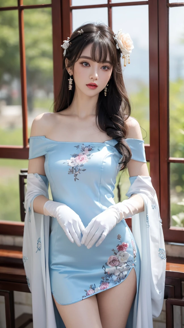 1 girl, (lo style: 1.5), bangs, lips, dress, long hair, blue eyes, high thighs, off shoulder, lo style Chinese dress, Chinese clothing, lipstick, realistic, rose, jewelry, earrings, curly hair, flower holding, gloves, elbow gloves, white gloves, makeup, white thighs, white hair, flower, standing,