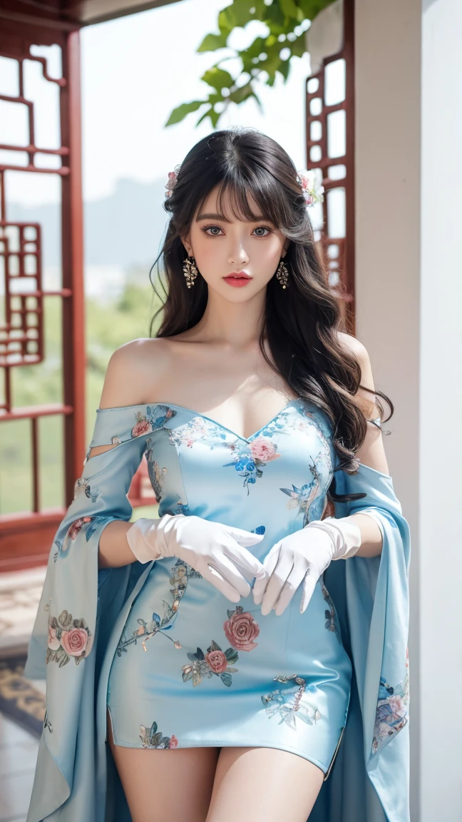 1 girl, (lo style: 1.5), bangs, lips, dress, long hair, blue eyes, high thighs, off shoulder, lo style Chinese dress, Chinese clothing, lipstick, realistic, rose, jewelry, earrings, curly hair, flower holding, gloves, elbow gloves, white gloves, makeup, white thighs, white hair, flower, standing,
