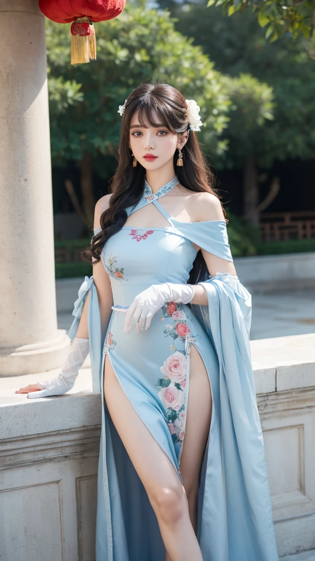 1 girl, (lo style: 1.5), bangs, lips, dress, long hair, blue eyes, high thighs, off shoulder, lo style Chinese dress, Chinese clothing, lipstick, realistic, rose, jewelry, earrings, curly hair, flower holding, gloves, elbow gloves, white gloves, makeup, white thighs, white hair, flower, standing,