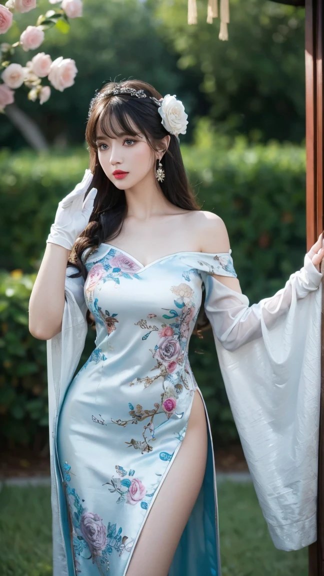 1 girl, (lo style: 1.5), bangs, lips, dress, long hair, blue eyes, high thighs, off shoulder, lo style Chinese dress, Chinese clothing, lipstick, realistic, rose, jewelry, earrings, curly hair, flower holding, gloves, elbow gloves, white gloves, makeup, white thighs, white hair, flower, standing,