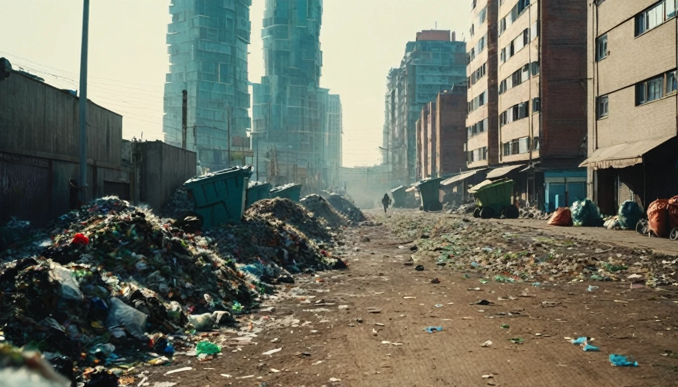 ((high angle camera view from above)) cinematic wide angle  shot of  a street of a cyberpunk megacity at daytime after a nuclear war in a futuristic Dystopian city.  Blue sky and the sun shines. Ruined skyscrapers in the background. static 3D environment, consistent structure of the buildings. Both sides of the pedestrian street are very full of garbage, with overturned bins full of waste that have not been emptied for weeks. some people walking in the background. Garbage mounds towers in front of the houses. Filthy dump on the street all around. Dystopian megacity, Chaotic, end of the world atmosphere. Dirt and filth is everywhere.Sharp focus, depth of field, lifelike textures, best shadows, best quality. Realism, photorealism, hyperrealism, vintage muted color tones, lomochrome, natural lights, cinematic lighting, contrast lighting, best quality, insanely intricate details, hdr, uhd 8k, 35 mm film, analog,((1970s movie style)), retro, vintage color grading,Award - winning photograph, Masterpiece, 16k,hyper detailed,sfumato, chiaroscuro, intricate details, amazing fine detail, neutral colors, Soft front light,cinematic lighting, dramatic lighting,sharp focus, wide angle, film grain, dslr, raw photo, photographed on Nikon
