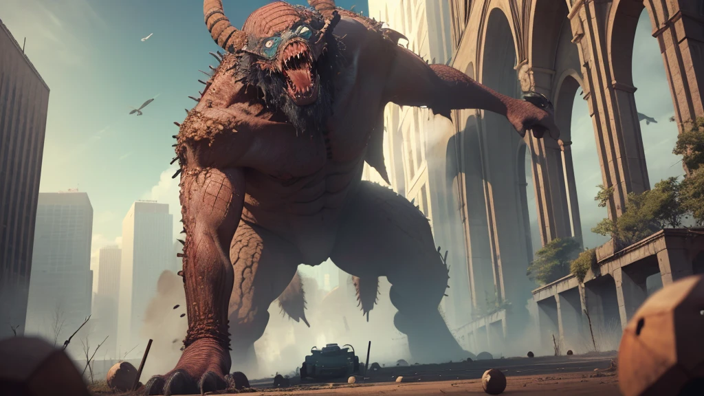 Giant Monsters, Looking up at the sky, sunny, Menacing monsters, Realistic Monsters,Terrifying monsters, A well-formed monster, destruction, Hell on Earth, Super-giant creature, Emanating dignity, Inorganic