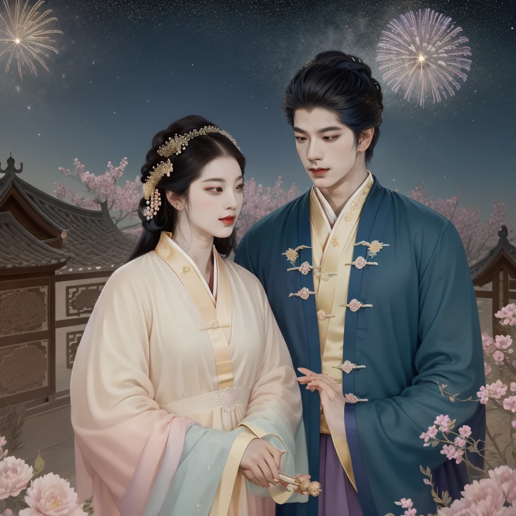 A man and a woman look at each other in a Chinese-style mansion，Light tones, blue and violet, Dreamlike scene, warm color,Huge Moon, fireworks, Starry Sky, Magpie triangle composition, Rich details, top view, Long-distance shooting，Chinese traditions，exit，landscape，auspicious，Light background,best quality, Pastel,Soft Light