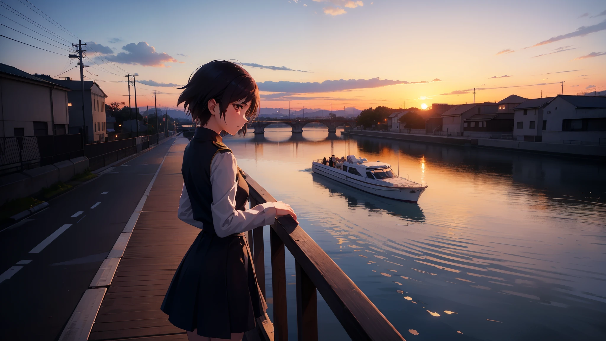 Anime girl watching the sunset on a bridge, The girl has kind eyes，Bridge over the canal, Girl in uniform, silhouette, Orange sunset sky, Makoto Shinkai style, Makoto Shinkai style, 2D