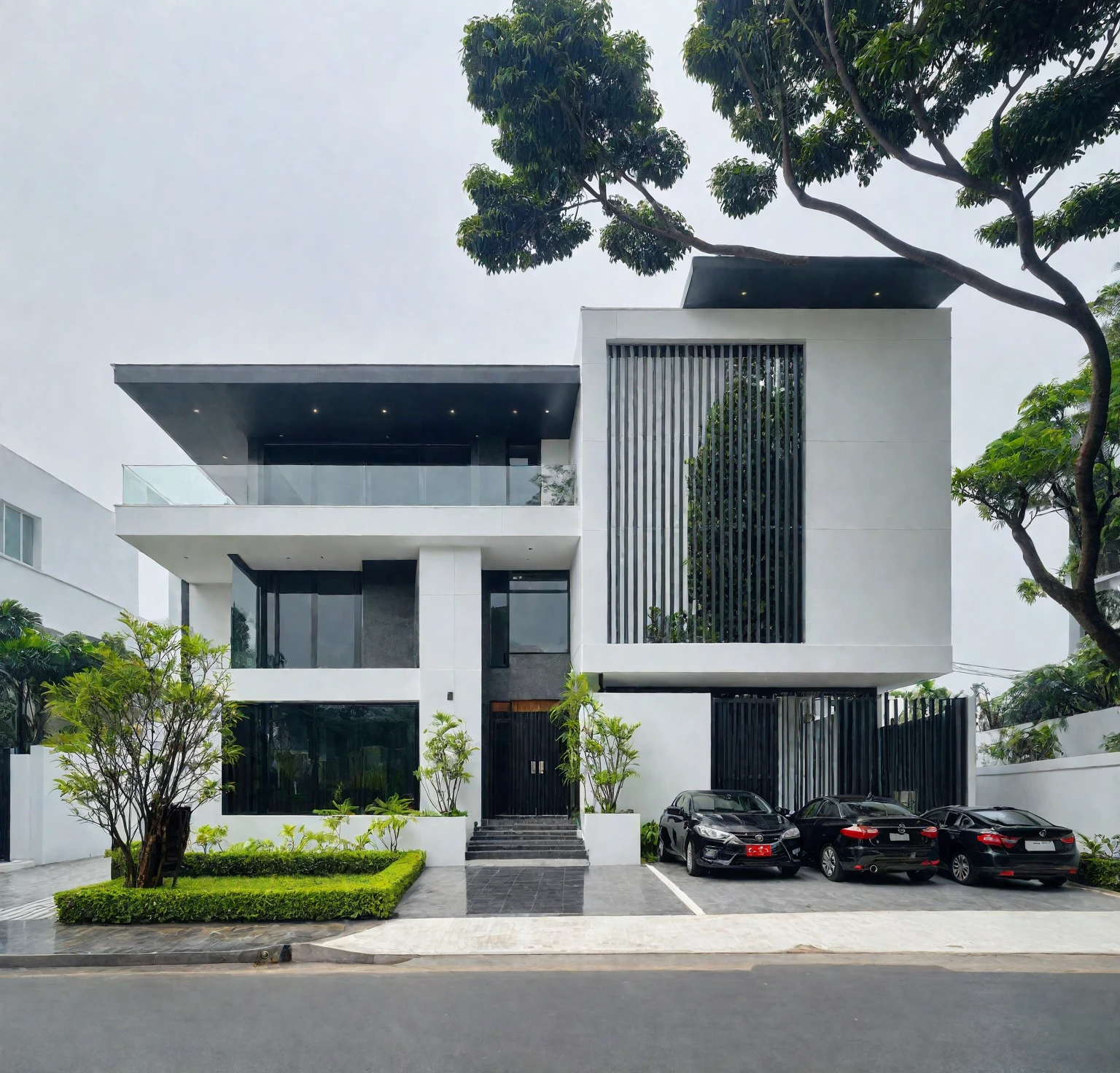 RAW photo, a photo of a modern villa, sidewalk, sidewalk trees, steel gate, road, viet nam modern residence, a car parked in front of it, rough white wall, new residential area, wide angle exterior 2022, contemporary house, exterior photography, masterpiece, contemporary architecture, overcast, indirect lighting