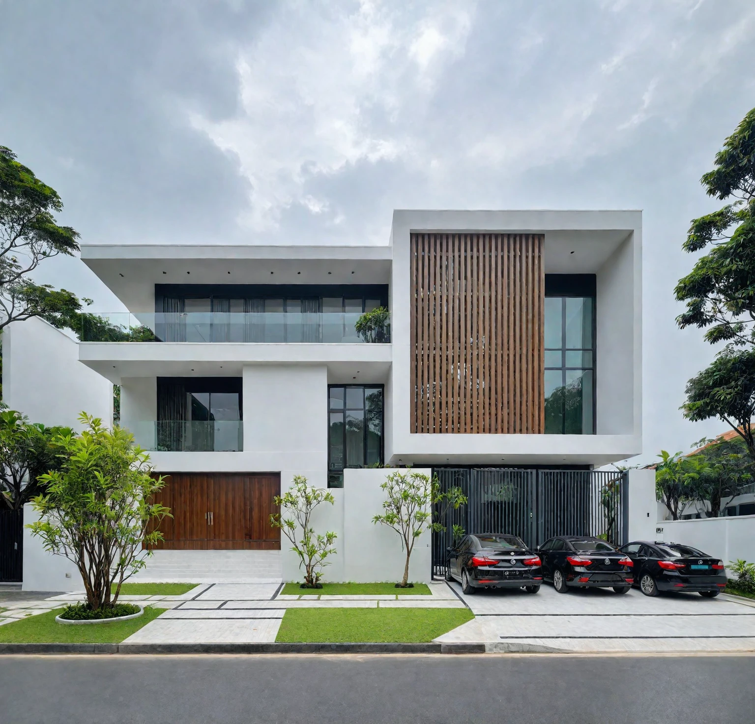 RAW photo, a photo of a modern villa, sidewalk, sidewalk trees, steel gate, road, viet nam modern residence, a car parked in front of it, rough white wall, new residential area, wide angle exterior 2022, contemporary house, exterior photography, masterpiece, contemporary architecture, overcast, indirect lighting