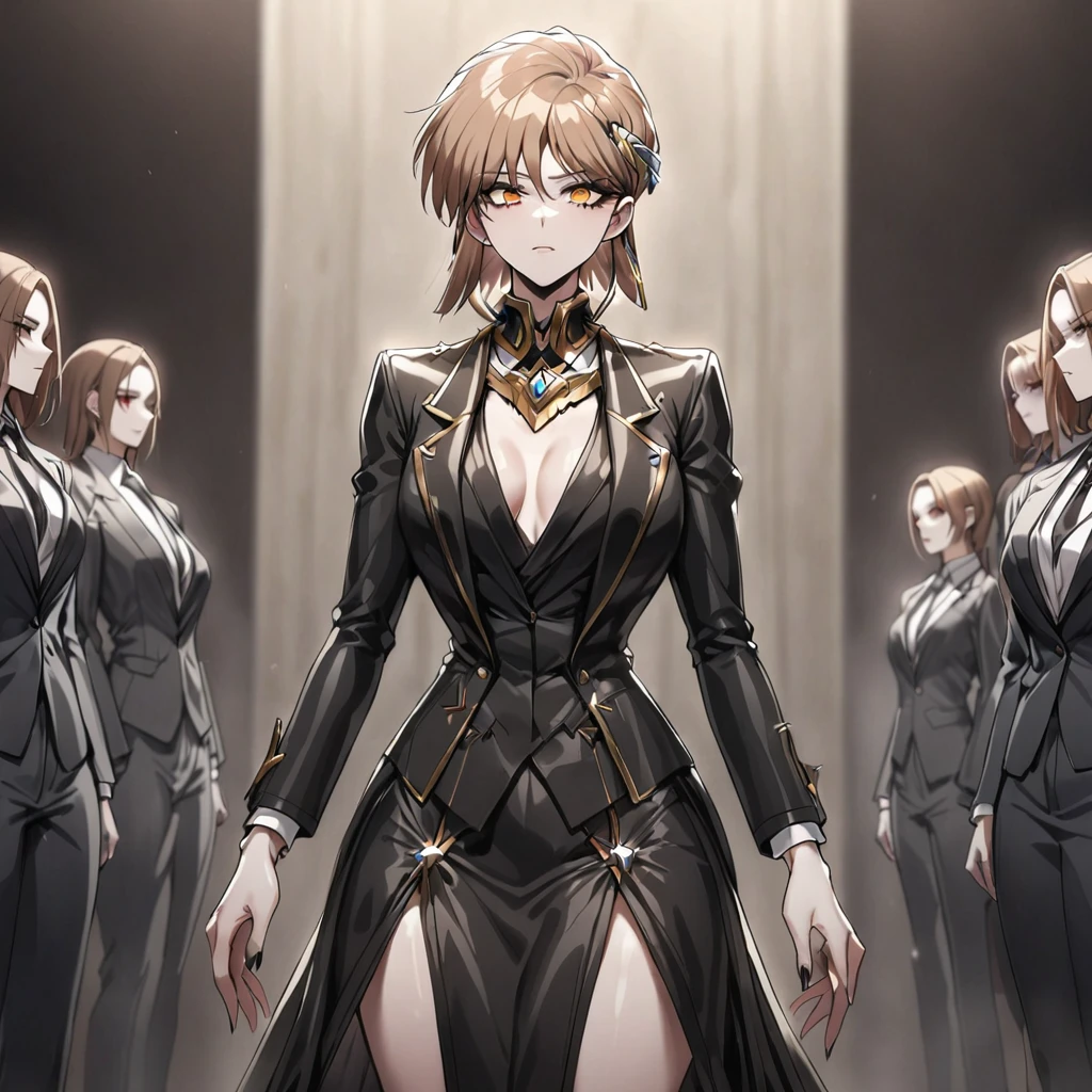 ((Highest quality)), ((masterpiece)), (detailed), (Perfect Face)、The woman is Princess Leona, with medium-long light brown hair, wearing a shiny, flashy, sexy black dress suit with an open skirt, makeup, standing upright, and becoming an evil female executive.、Women are brainwashed, expressionless, and have no highlights in their eyes.