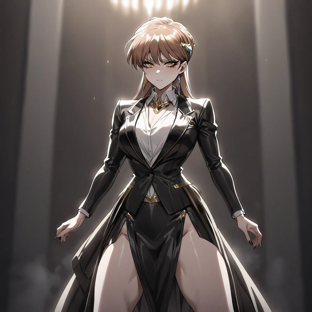 ((Highest quality)), ((masterpiece)), (detailed), (Perfect Face)、The woman is Princess Leona, with medium-long light brown hair, wearing a shiny, flashy, sexy black dress suit with an open skirt, makeup, standing upright, and becoming an evil female executive.、Women are brainwashed, expressionless, and have no highlights in their eyes.