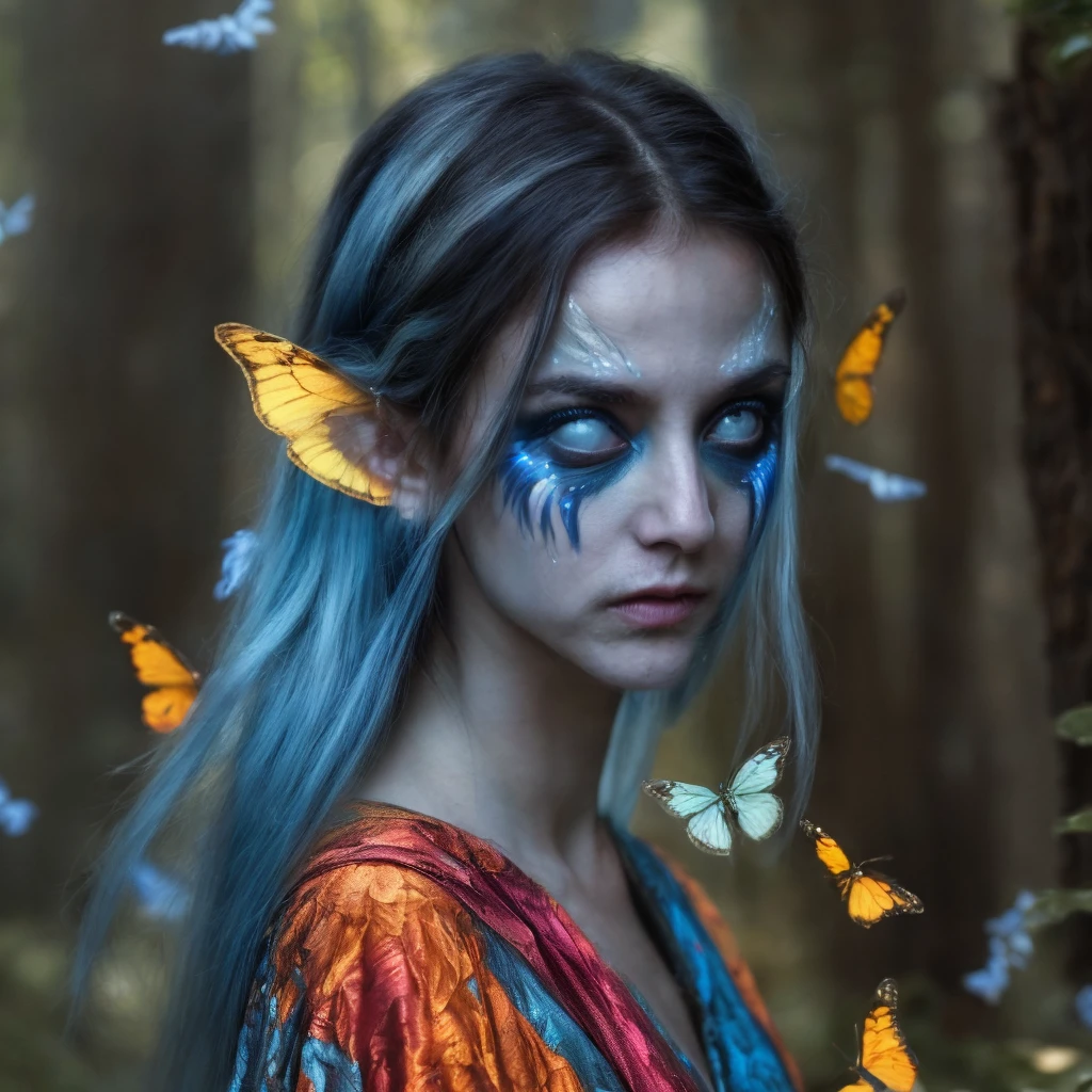 (masterpiece)+, (extremely (realistic)+,a portrait of an extremely beautiful young fey bard , blue empty alien eyes, Extremely sharp facial features, Wearing rainbow garb, Dreamy stare. Looking in camera. volumetrics dtx, Photorealistic, ultra detailed, Artstation trending, very very detailed, realistic shaded lighting, dynamic shadows, detailed Forest background, upper body, professional photograph of a detailed skin, sharp focus, dramatic, award winning, cinematic lighting, octane render, unreal engine, volumetrics dtx, Photorealistic, ultra detailed, Artstation trending, very very detailed, hyperrealistic, fine details, realistic shaded lighting, dynamic shadows, Forest background, add_detail:1, skin pores and wrinkles, details.,More Reasonable Details