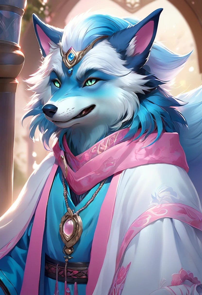 (masterpiece:1.4),(best quality:1.4),((Detailed facial features)),Wolf,male,Mage Clothing,robe,Blue and white fur,Glasses,Orcs,Orcs脸,delicate and pretty,Wolf脸,cute,Young,Introvert,精灵Wolf,Facial details,happy,Smile,Pink white ears,Light blue bangs,Dark blue ears,Pink and white inside of the ear,Young,Blue-green pupils