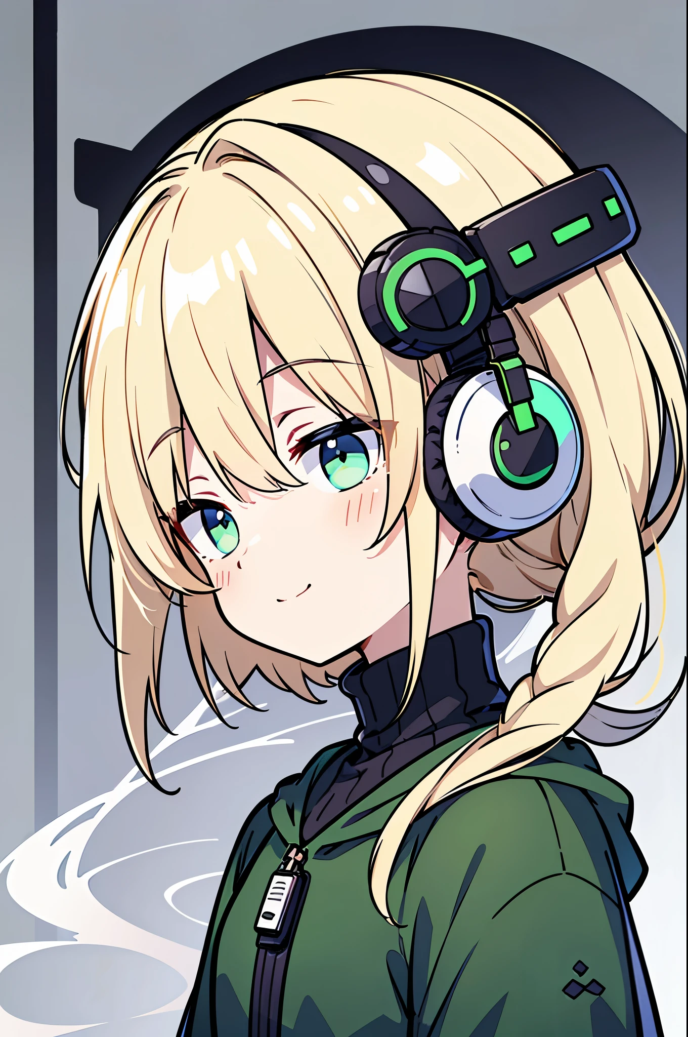 ((highest quality)), ((masterpiece)), (be familiar with), perfect face,white half-up hair,green mesh blonde、Smoke a cigarette、cool black hoodie,headphones,black gloves,turtleneck,alone,İcon、profile、Right beside、Expressionless、smile、Light-colored clothing