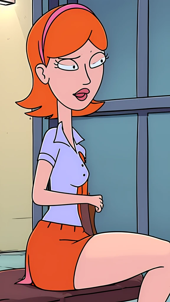 a  girl sexy attractive beautiful cool popular short orange hair disheveled cut light red lip wears long light blue button shirt sensual curves and a short purple miniskirt pair short blue socks legs white heel she is frozen inside a pink crystal paralyzed in a laboratory