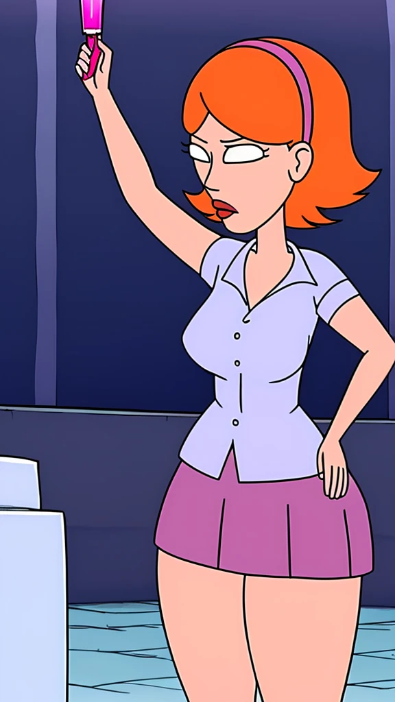 a teenage girl sexy attractive beautiful cool popular short orange hair disheveled cut light red lip wears long light blue button shirt sensual curves and a short purple miniskirt pair short blue socks legs white heel she is frozen inside a pink crystal paralyzed in a laboratory