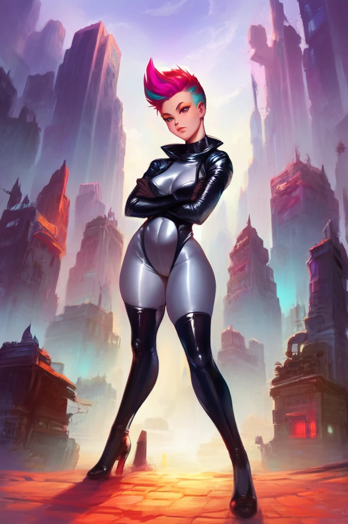 (score_9:1.1) human zipp, looking at viewer, cowboy shot, Human female, full body, standing, arms crossed, medium breasts, latex white bodysuit, city, black shades