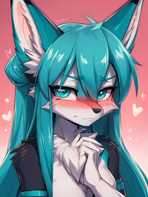 Miku Hatsune x vixen, closeup high definition, jealous, hands together upset, blushing face high definition