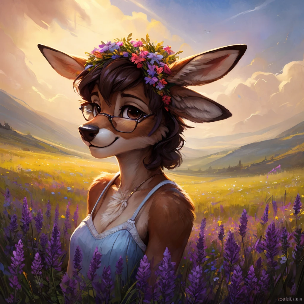 uploaded on e621, watercolor look, by Pixelsketcher, by Bayard Wu, by Thomas Benjamin Kennington , by Einshelm, by hioshiru and kenket, Chunie, portrait, solo anthro female deer doe, with small featureless breasts, clear dark blue, cinematic lighting, day, sunny day, lavender field, stays in a wildflowers field, wildflowers field background, mediterranean background, horizon background, shiny, short curly dark brown hair, wearing big black nerd glasses, very very beautiful furry art, furry art, smiling, joyful, shiny, happy, feminine, cute face, muzzle, fluffy chest, flawless face, Fallow deer, 1girl, Sakimichan is beautiful, Masterpiece, Wavethesallow Face, shiny, Detailed image, portrait, Detailed image, portrait, full body, wearing pure white short spaghetti straps dress, wearing a wildflowers wreath, shiny, realistic face, perfect anatomy, hourglass body, (furry body:1.1), anthropomorphic deer, looks at the viewer, small fluffy tail, detailed background, (cute anatomy:1.1), stands in a wildflowers field, wildflowers in hair