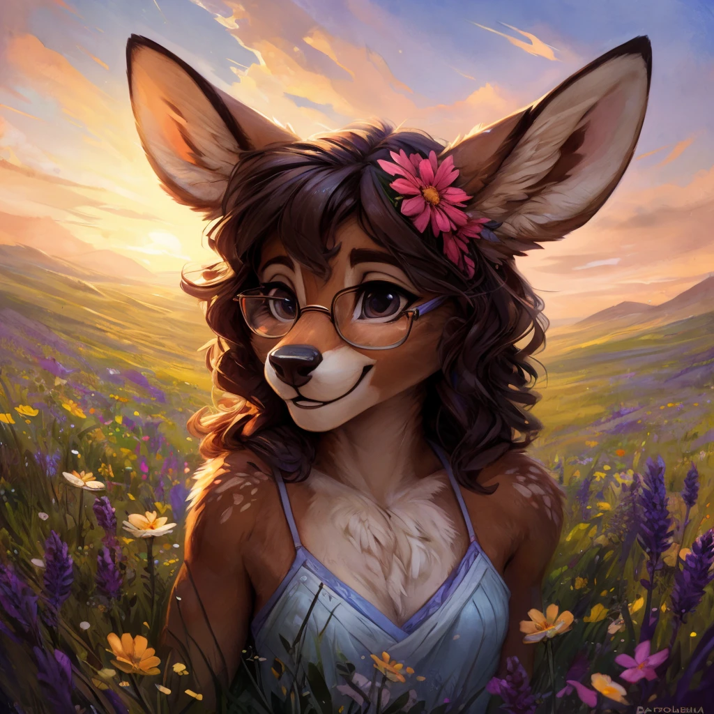 uploaded on e621, watercolor look, by Pixelsketcher, by Bayard Wu, by Thomas Benjamin Kennington , by Einshelm, by hioshiru and kenket, Chunie, portrait, solo anthro female deer doe, with small featureless breasts, clear dark blue, cinematic lighting, day, sunny day, lavender field, stays in a wildflowers field, wildflowers field background, mediterranean background, horizon background, shiny, short curly dark brown hair, wearing big black nerd glasses, very very beautiful furry art, furry art, smiling, joyful, shiny, happy, feminine, cute face, muzzle, fluffy chest, flawless face, Fallow deer, 1girl, Sakimichan is beautiful, Masterpiece, Wavethesallow Face, shiny, Detailed image, portrait, Detailed image, portrait, full body, wearing pure white short spaghetti straps dress, wearing a wildflowers wreath, shiny, realistic face, perfect anatomy, hourglass body, (furry body:1.1), anthropomorphic deer, looks at the viewer, small fluffy tail, detailed background, (cute anatomy:1.1), stands in a wildflowers field, wildflowers in hair