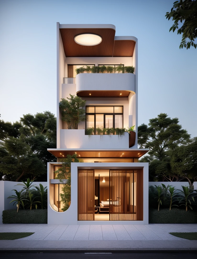 Perspective of a modern house with a large enough front yard, main materials are light yellow walls, stone and wood, a road running in front of the house, (RAW photo, real, best quality, masterpiece: 1.2), current view modern minimalist, 1 street in front of house, shime ring light, indoor brightness:1.2, dynamic lighting:1.3, (hyper-realistic, photo-realistic:1.2), high quality, daylight, contrast high:0.5 perfect light, Archdaily, contemporary masterpiece award, award winning contemporary, beautifully designed masterpiece, spacious modern mansion, modern neo-traditional, wide angle exterior 2022 , mid-century modern, contemporary home, stylish modern feel, long front view, award-winning modern design, stunning lines, residential, exquisite details, indoors gently:1.3