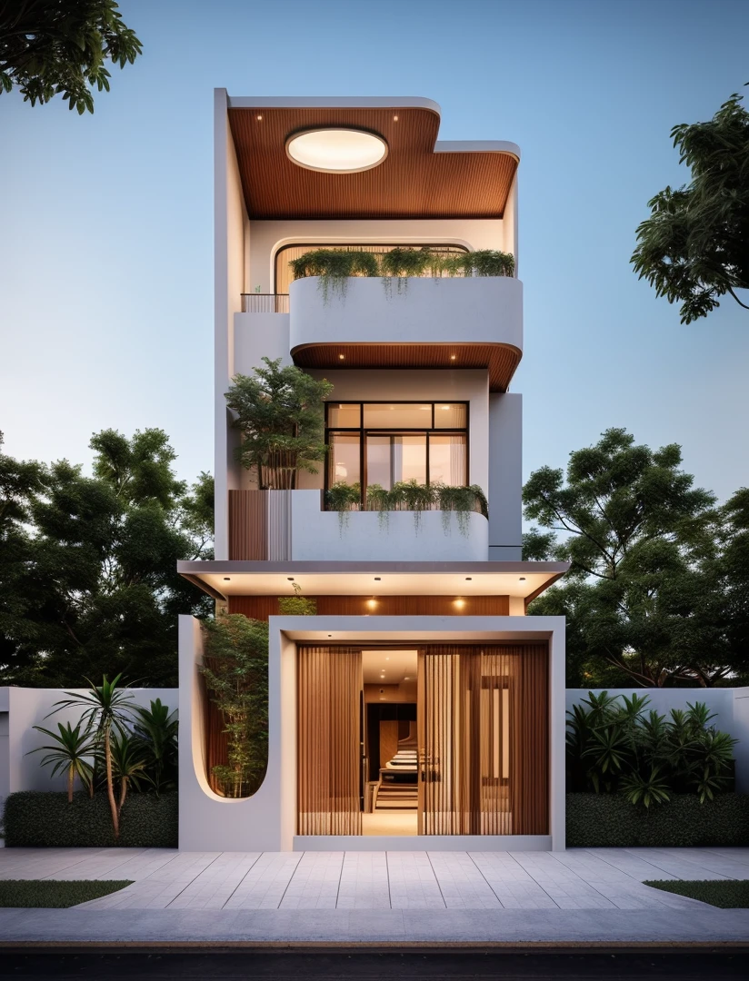 Perspective of a modern house with a large enough front yard, main materials are light yellow walls, stone and wood, a road running in front of the house, (RAW photo, real, best quality, masterpiece: 1.2), current view modern minimalist, 1 street in front of house, shime ring light, indoor brightness:1.2, dynamic lighting:1.3, (hyper-realistic, photo-realistic:1.2), high quality, daylight, contrast high:0.5 perfect light, Archdaily, contemporary masterpiece award, award winning contemporary, beautifully designed masterpiece, spacious modern mansion, modern neo-traditional, wide angle exterior 2022 , mid-century modern, contemporary home, stylish modern feel, long front view, award-winning modern design, stunning lines, residential, exquisite details, indoors gently:1.3