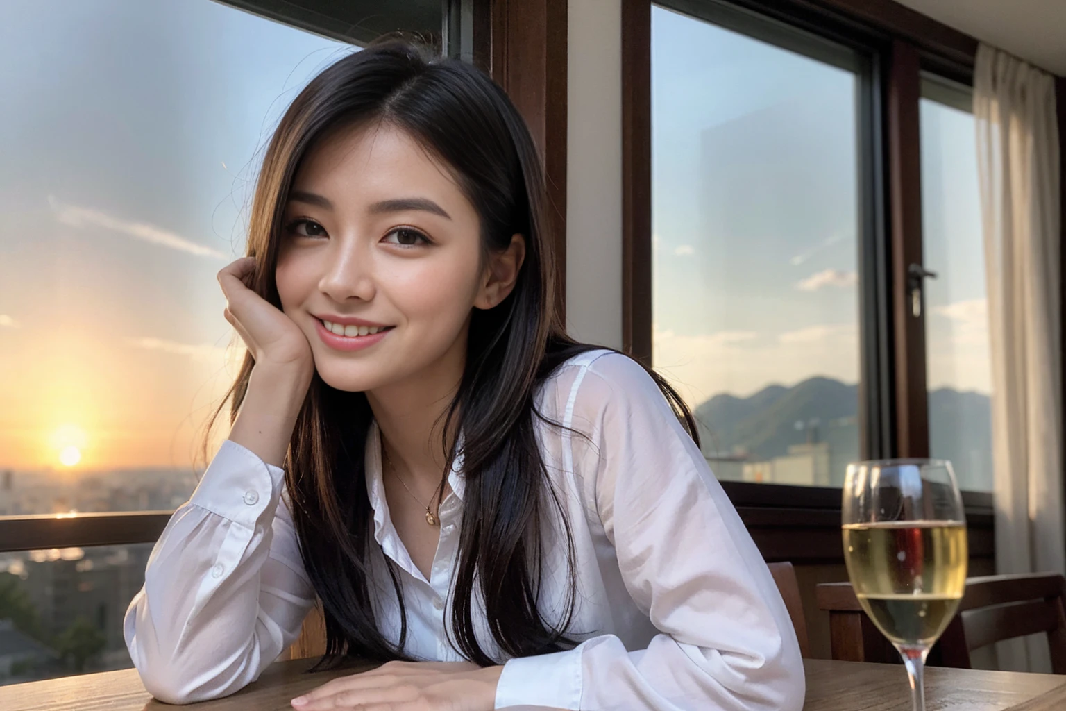 ((Highest quality、8K、masterpiece:1.3))、Sharp focus:1.2、Beautiful woman perfect body:1.4、slimなボディ、((Bob Hale、Straight hair:1.2))、(to be born, Highest quality, masterpiece:1.5), (Realistic, Intricate details:1.2), Ultra-high resolution, Facial Lighting、Amazing view of the sunset sky and clouds、Amazing mountain views、ニコニコ明るいsmile、wine glass、red wine 、Appetizers、Italian food、Wine bottle、Champagne、sparkling wine、, Beautiful Face, blue eyes, The light shines on your face, Blushing, short hair,Bright Face、Fox face、 (36 years old), 39 years old, Lady、Two beauties、Brown Hair、Shortcuts、Long sleeve shirt、dress、Beautiful woman 1, (slimな顔), (The body is slim), (Brown Hair), (Shortcuts), cheeks turn a little red,Attractive beauty、, Out of the window, Beautiful and detailed night view.........., restaurant, In a prominent place (From the waist up) Nova Frog Style, actress, model, Upper Body, White wine, slim, wine glass, 真ん中に置かれたwine glass, smile, (smile: 1.15), Beautiful fine grain, Depth f/2,saturation, High Contrast, Strong light and shadow,Moist Body:1.5、3D texture、Delicate eyes、Brown Hair、The hair is very shiny、