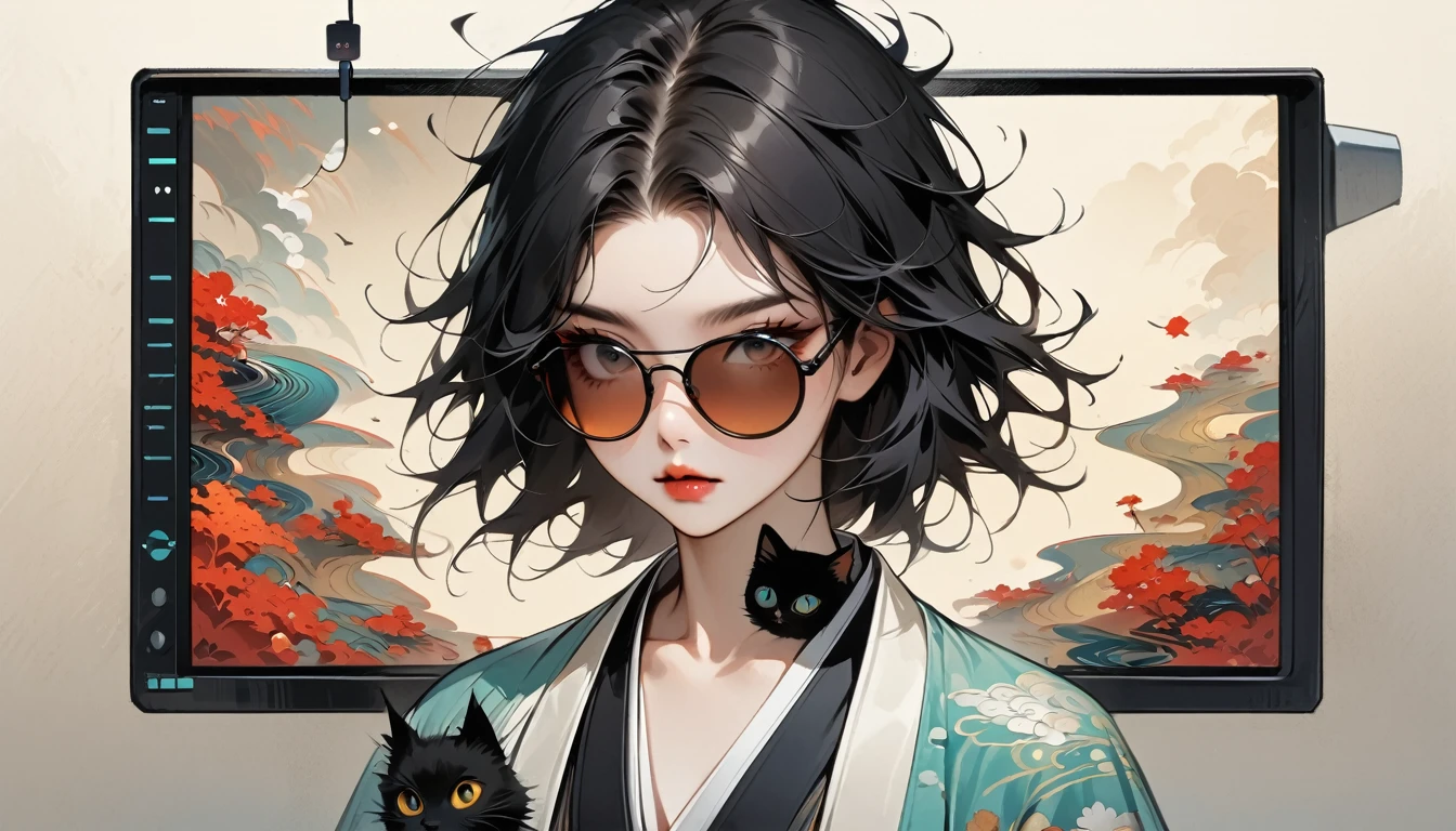((Masterpiece, high resolution, highest quality, highest quality real texture skin)), (1 girl), (wearing Japanese pattern headphones), (slender, double round and large Eyes, tongue slightly sticking out, beautiful lips, whole body), outer box: 1.2, (wearing Japanese pattern haori: 1.4, Japanese pattern shorts: 1.3) , (black hair, beautiful shiny hair, bob, beige skin), (((Car navigation system screen))), (((sunglasses))), (((One black cat))), (Black hair, messy hair, beige skin), (surreal, digital painting)