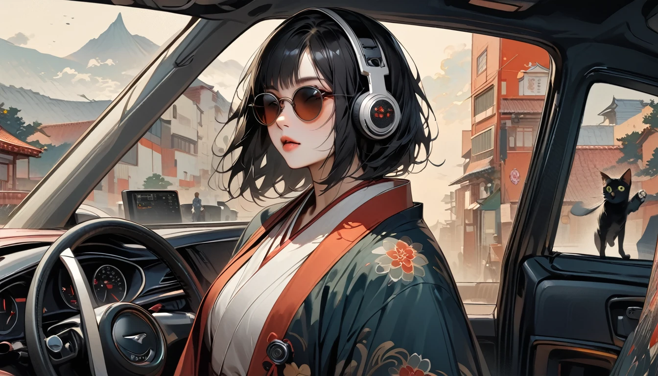 ((Masterpiece, high resolution, highest quality, highest quality real texture skin)), (1 girl), (wearing Japanese pattern headphones), (slender, double round and large Eyes, tongue slightly sticking out, beautiful lips, whole body), outer box: 1.2, (wearing Japanese pattern haori: 1.4, Japanese pattern shorts: 1.3) , (black hair, beautiful shiny hair, bob, beige skin), (((Car navigation system screen))), (((sunglasses))), (((One black cat))), (Black hair, messy hair, beige skin), (surreal, digital painting)