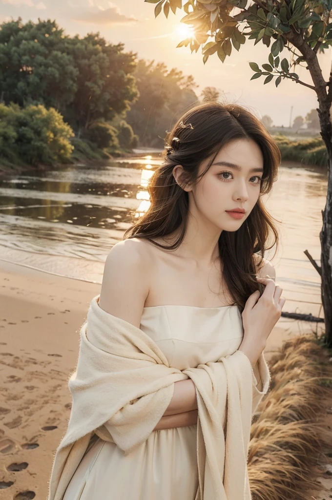 (((best quality))),(((ultra detailed))),(((masterpiece))),illustration,a girl, solo,slim,thin,flat chest,serene setting,(sunrise:1.5), simple dress,shoulder length straight bob hair, morning breeze, innocence, hope, radiant face, teary eyes, clarity, rainy morning, picturesque scene, soil footprints, journey, old photo, warmth, embrace, tree in storm, support, companionship, path after rain, whispered words, wind fury, anchor, brighter tomorrow, alone but not alone, love, dawn,standing,from front,upper body