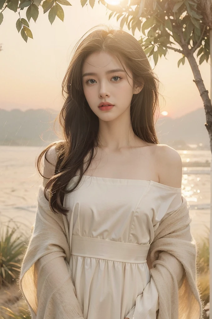 (((best quality))),(((ultra detailed))),(((masterpiece))),illustration,a girl, solo,slim,thin,flat chest,serene setting,(sunrise:1.5), simple dress,shoulder length straight bob hair, morning breeze, innocence, hope, radiant face, teary eyes, clarity, rainy morning, picturesque scene, soil footprints, journey, old photo, warmth, embrace, tree in storm, support, companionship, path after rain, whispered words, wind fury, anchor, brighter tomorrow, alone but not alone, love, dawn,standing,from front,upper body