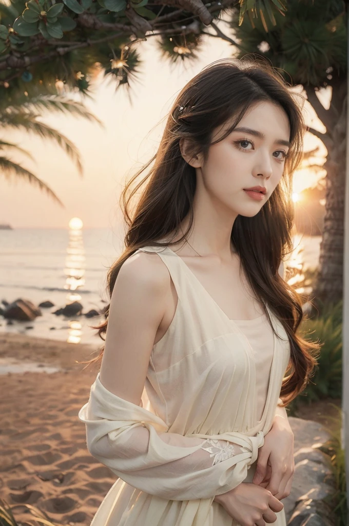 (((best quality))),(((ultra detailed))),(((masterpiece))),illustration,a girl, solo,slim,thin,flat chest,serene setting,(sunrise:1.5), simple dress,shoulder length straight bob hair, morning breeze, innocence, hope, radiant face, teary eyes, clarity, rainy morning, picturesque scene, soil footprints, journey, old photo, warmth, embrace, tree in storm, support, companionship, path after rain, whispered words, wind fury, anchor, brighter tomorrow, alone but not alone, love, dawn,standing,from front,upper body