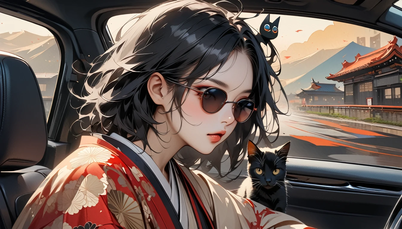 ((Masterpiece, high resolution, highest quality, highest quality real texture skin)), (1 girl), (wearing Japanese pattern headphones), (slender, double round and large Eyes, tongue slightly sticking out, beautiful lips, whole body), outer box: 1.2, (wearing Japanese pattern haori: 1.4, Japanese pattern shorts: 1.3) , (black hair, beautiful shiny hair, bob, beige skin), (((Car navigation system screen))), (((sunglasses))), (((One black cat))), (Black hair, messy hair, beige skin), (surreal, digital painting)