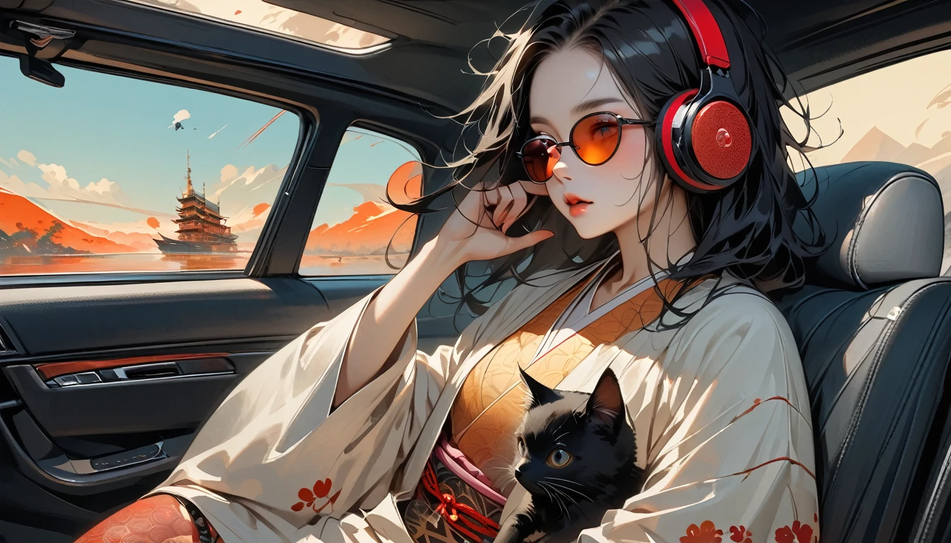 ((Masterpiece, high resolution, highest quality, highest quality real texture skin)), (1 girl), (wearing Japanese pattern headphones), (slender, double round and large Eyes, tongue slightly sticking out, beautiful lips, whole body), outer box: 1.2, (wearing Japanese pattern haori: 1.4, Japanese pattern shorts: 1.3) , (black hair, beautiful shiny hair, bob, beige skin), (((Car navigation system screen))), (((sunglasses))), (((One black cat))), (Black hair, messy hair, beige skin), (surreal, digital painting)