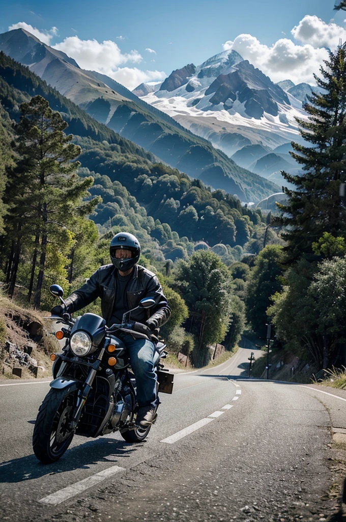 39 year old man is riding a motorbike on the road and there are beautiful mountains
