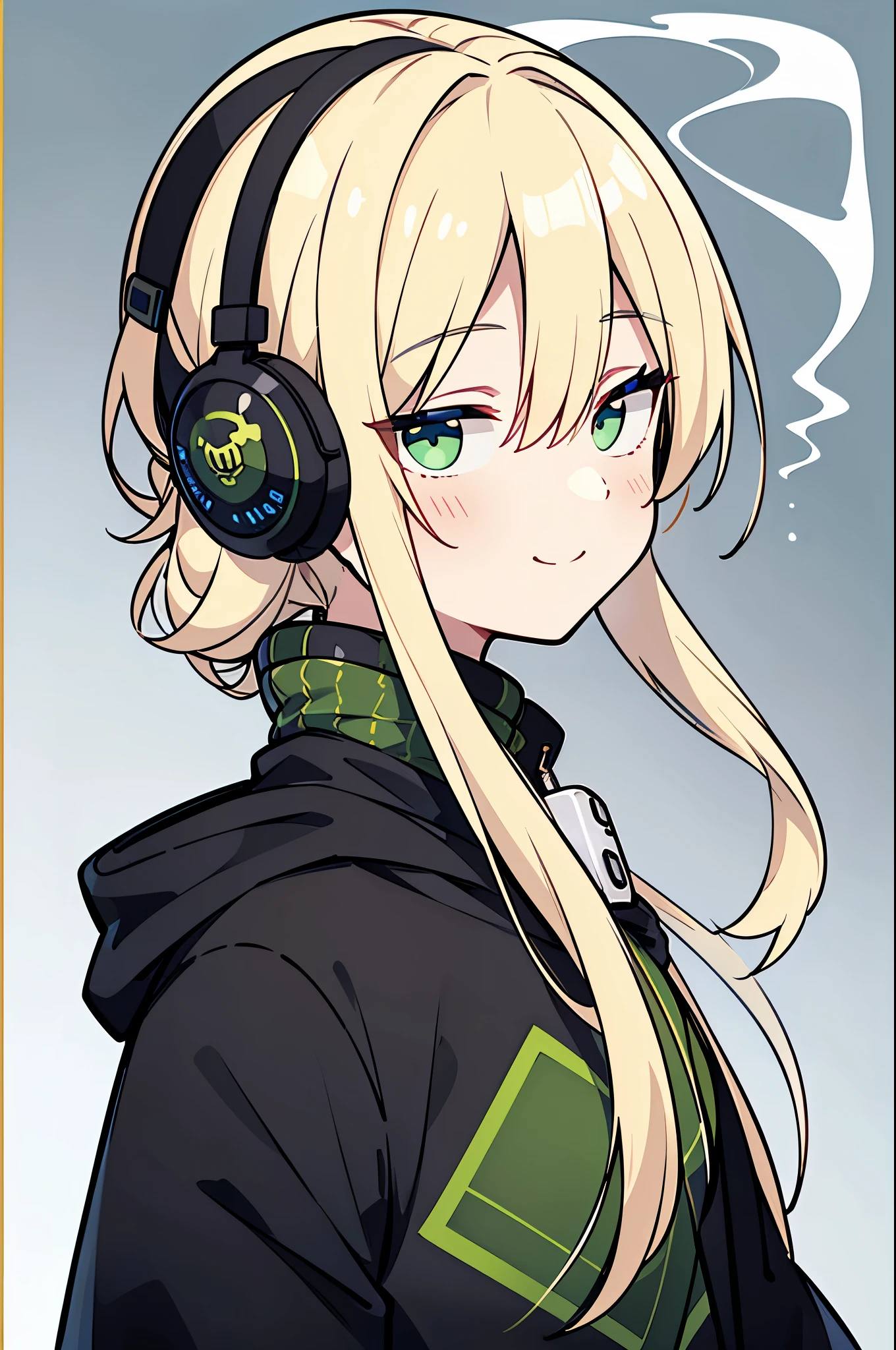 ((highest quality)), ((masterpiece)), (be familiar with), perfect face,white half-up hair,green mesh blonde、Smoke a cigarette、cool black hoodie,headphones,black gloves,turtleneck,alone,İcon、profile、Right beside、Expressionless、smile、Light-colored clothing